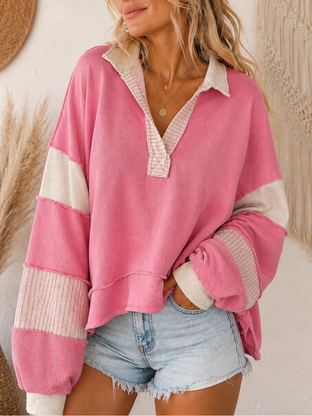 Bucketlist Pink Patchwork Raw Seam Pullover Sweatshirt Boho Size Small Oversize
